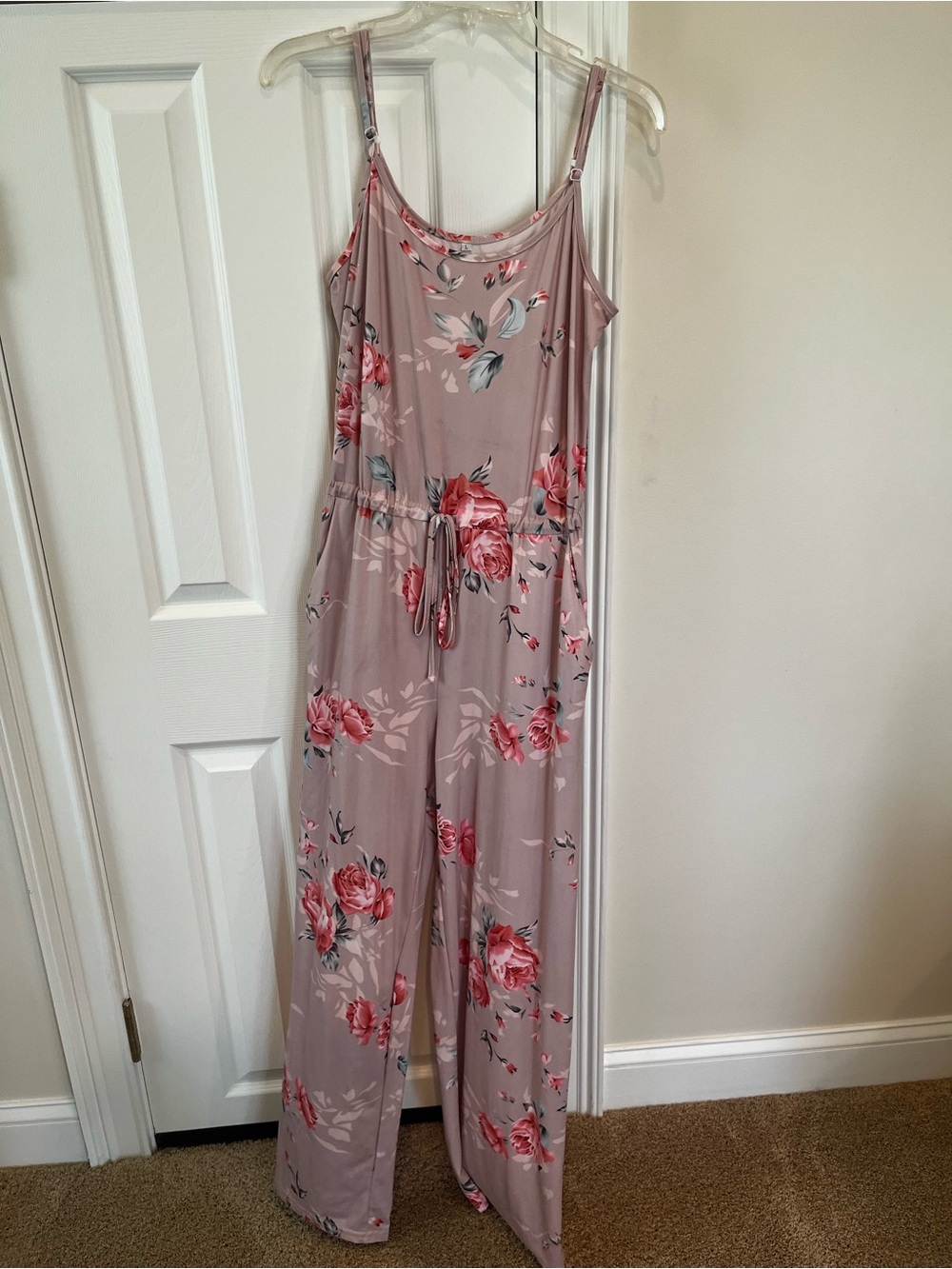 Mauve Floral Sleeveless Jumpsuit with Drawstring Waist